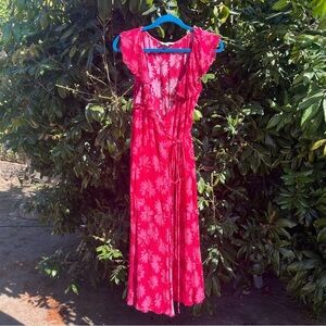 MIRAE PARIS jade pink sheer gauze floral ruffle short sleeve midi wrap dress